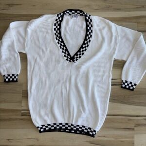 VTG V-Neck Ribbed Crochet Knit Sweater Unisex Medium Checkerboard Cotton USA